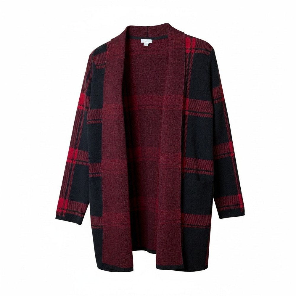 J. Jill Women Cardigan L Red Black‎ Buffalo Plaid Open Front Longline Cabin Prep